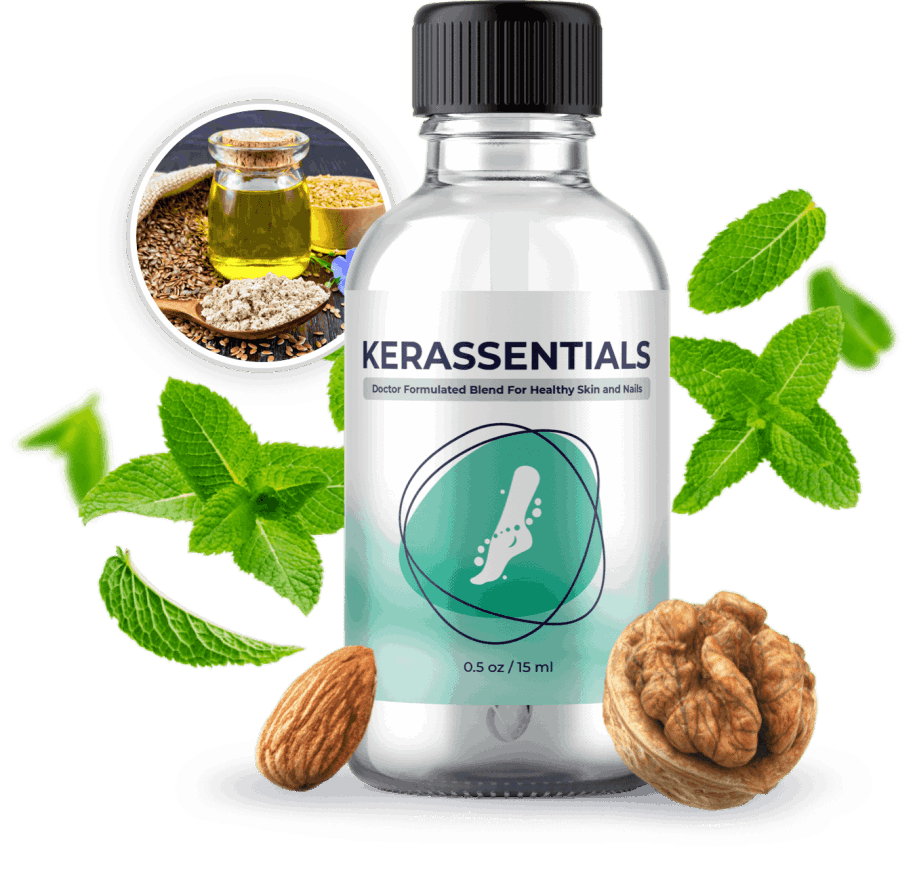 Kerassentials nail and skin support formula bottle with natural ingredients