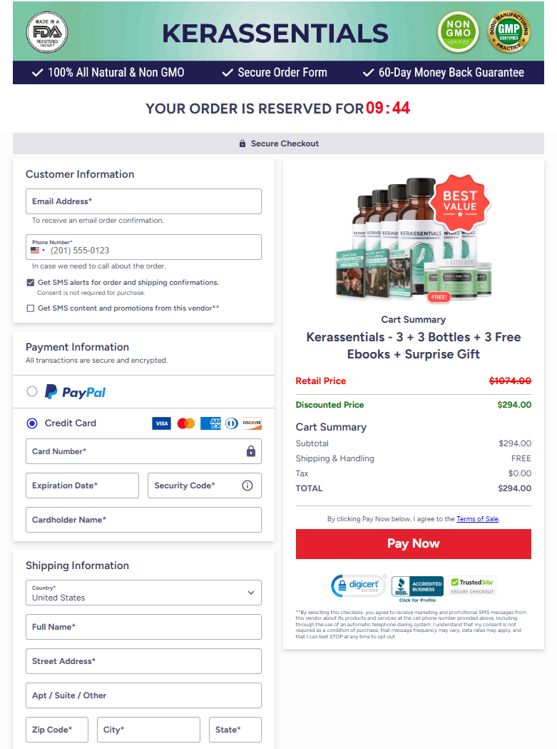 Secure official Kerassentials checkout page with encrypted payment protection